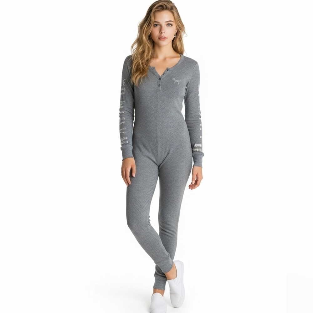 Victoria's Secret PINK Y2k Rare Gray Ribbed Sequin Open Bottom Onesie